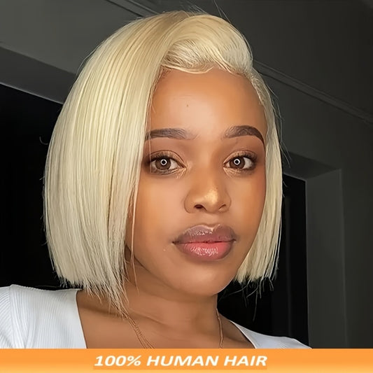 100% Human Hair Golden Blonde Short Bob Wig, 13x4 Lace Front, Breathable & Comfortable, Straight Style, 150% Density, Natural Look for Casual Attire, Natural Look Wig | Fashionable Wig | Breathable Lace Wig