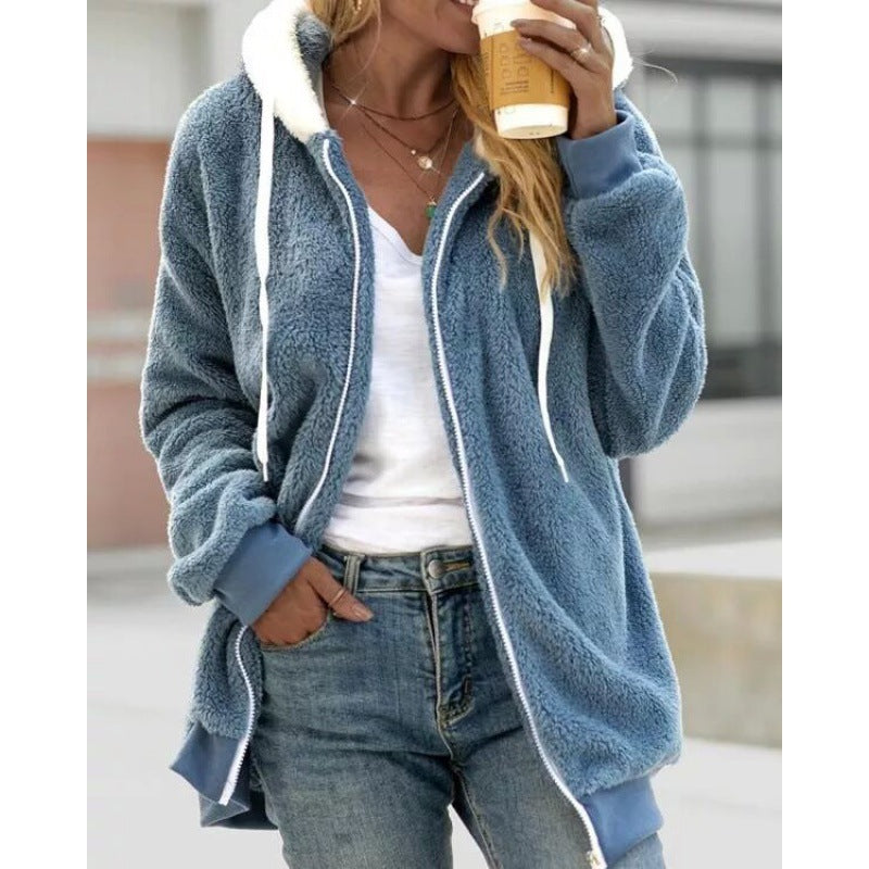 Autumn and winter loose plush zipper hooded jacket for women