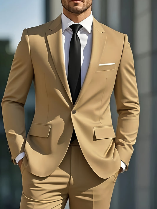 Men'S Casual Business Two-Piece Suit - Beige Polyester Blazer with Lapel Collar, Pocket Detail, and Matching Trousers, Perfect for Work or Formal Events, Formal Attire|Classic Lapel|Polyester Blazer