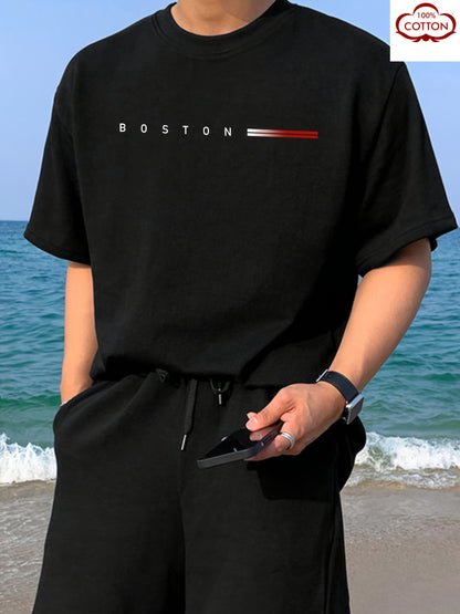 Men's 180gsm Heavyweight 100% Cotton T-Shirt with Boston Lettering Print - Casual Round Neck Short Sleeve, Regular Fit All-Season Comfort, White & Black Contrast Design for Everyday & Semi-Formal Wear - Boston-Themed Apparel