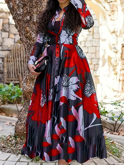 Women's Elegant Floral Print Button-Front Long Dress with V-Neck & Ruching - Machine Washable All-Season Versatile Casual to Formal Wear, Floral Print Dress, Formal Attire, Ruched Skirt Style, Nontransparent Fabric