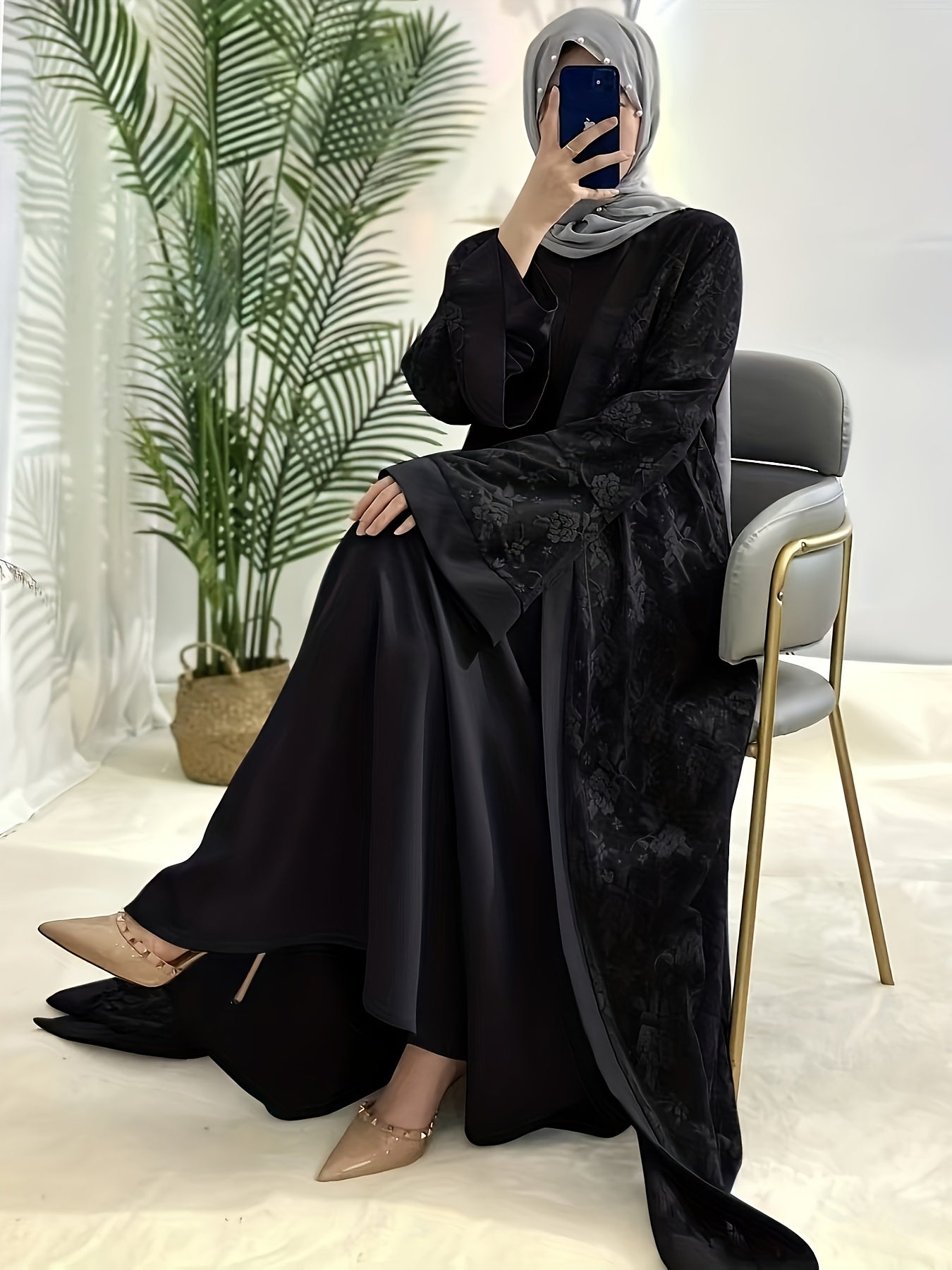 Elegant Black Lace Abaya with Contrast Lace Trim - Long Sleeve, Floor-Length, Belted, All-Season Wear, Traditional Middle Eastern Attire for Women, Cultural Attire|Elegant Abaya|Lace Trim Abaya