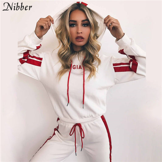 Nibbe spring Autumn fashion women Sportswear 2 piece set women White Red Active Wear Casual Sweat Pants Hooded Sweatshirt Hoodie