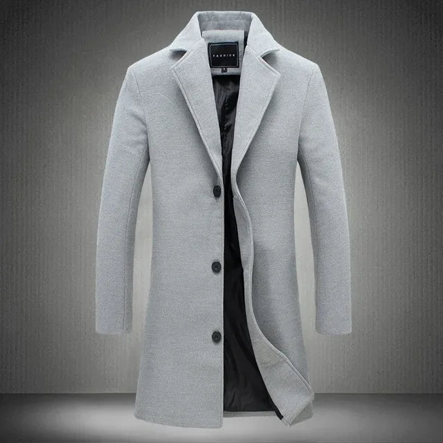 Spring Autumn New Long Cotton Coat New Wool Blend Pure Color Casual Business Fashion Men's Clothing Slim Windbreaker Jacket