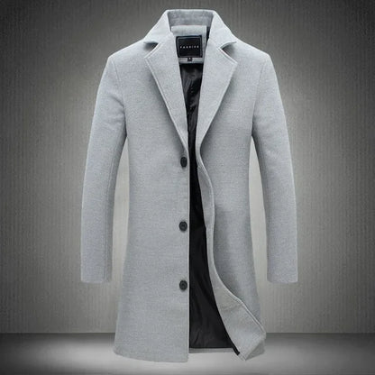 Spring Autumn New Long Cotton Coat New Wool Blend Pure Color Casual Business Fashion Men's Clothing Slim Windbreaker Jacket