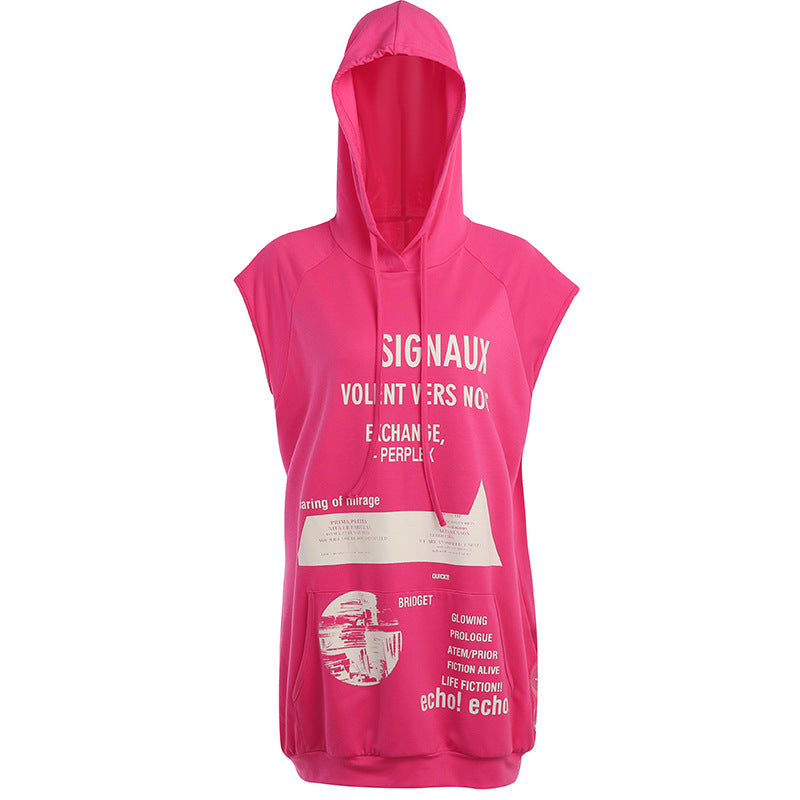 Letter Hooded Sweater Dress Fashion Sexy Women's Sleeveless Sports Hooded Hip Dress