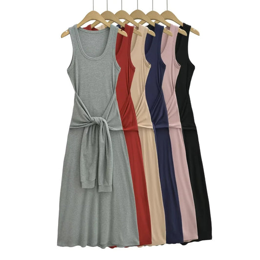 Fake two waist cinched sleeveless vest long dresses