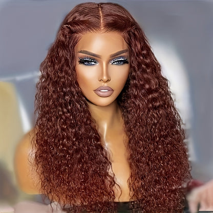 Reddish Brown Human Hair Water Weave Lace Front Wigs 13x4 HD Transparent Lace Frontal Wig #33 Colored Cooper Brown Curly Human Hair Wigs for Women Preplucked Hairline Remy Hair