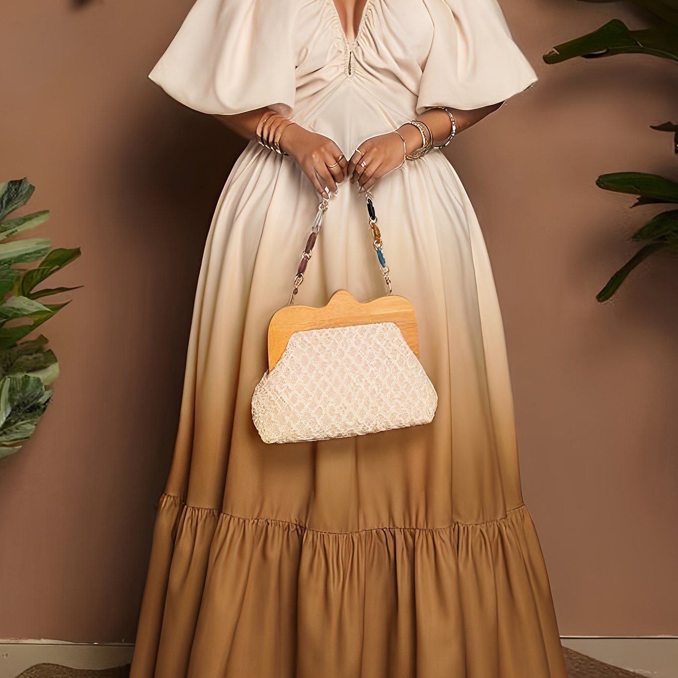 [Elegant Maxi Dress] Elegant Gradient Maxi Dress | Women's Deep V-Neck Lantern Sleeve A-Line Loose Fit with Zipper Back, Machine Washable for Vacation, Beach, Formal & Casual Occasions