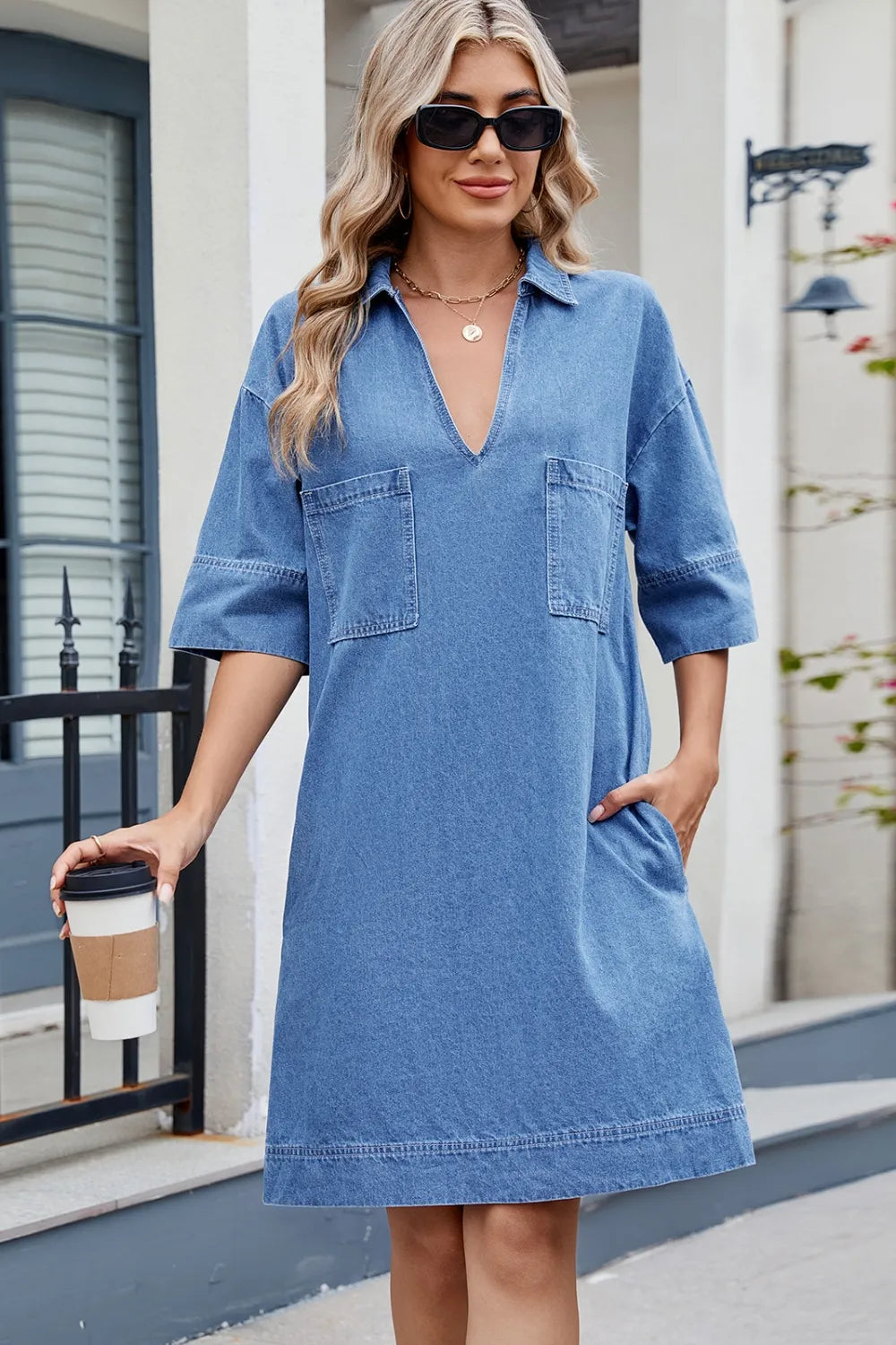 Collar Half Sleeve Denim Dress