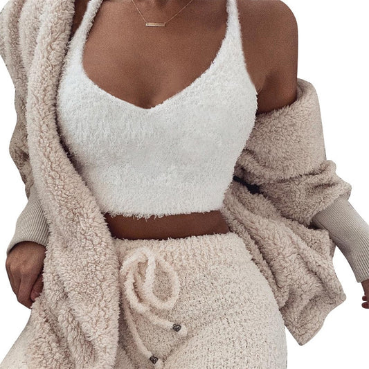 Women Fleece Plush Casual Two Piece Set Long Sleeve Hooded Cardigan Coat Autumn Winter Outwear + Shorts Fashion Outfits