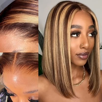 Easy-Wear Glueless Bone Straight Human Hair Wig with 13x4 HD Lace Closure - Pre-Plucked & Cut, Highlight Ombre Colors, 180% Density, Ready to Go for Women of All Ethnicities, Short Hair Wig