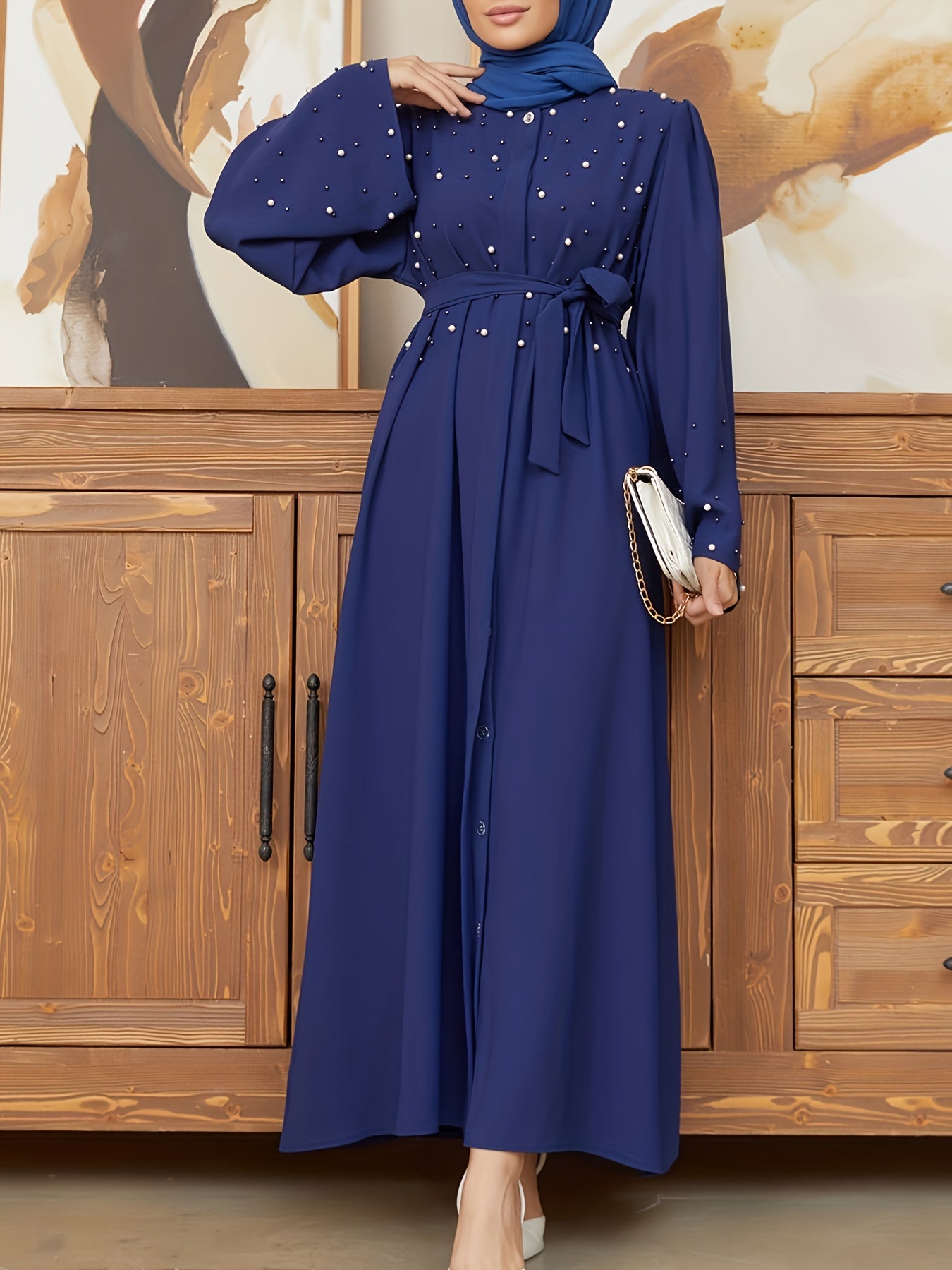 Elegant Navy Blue Abaya with Pearl Embellishments and Belt - Long Sleeve, Floor-Length Dress for Women, Perfect for Formal Occasions, Formal Attire|Elegant Abaya|Pearl Embellishments