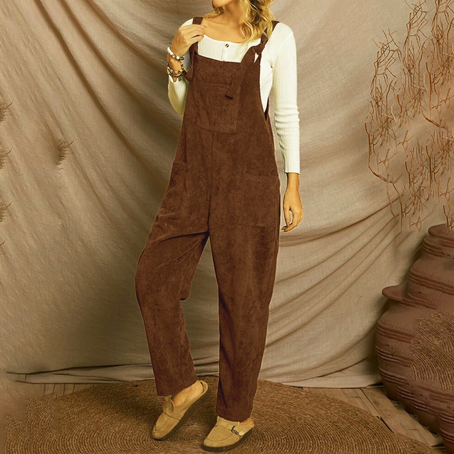 Corduroy multi pocket shoulder strap jumpsuit