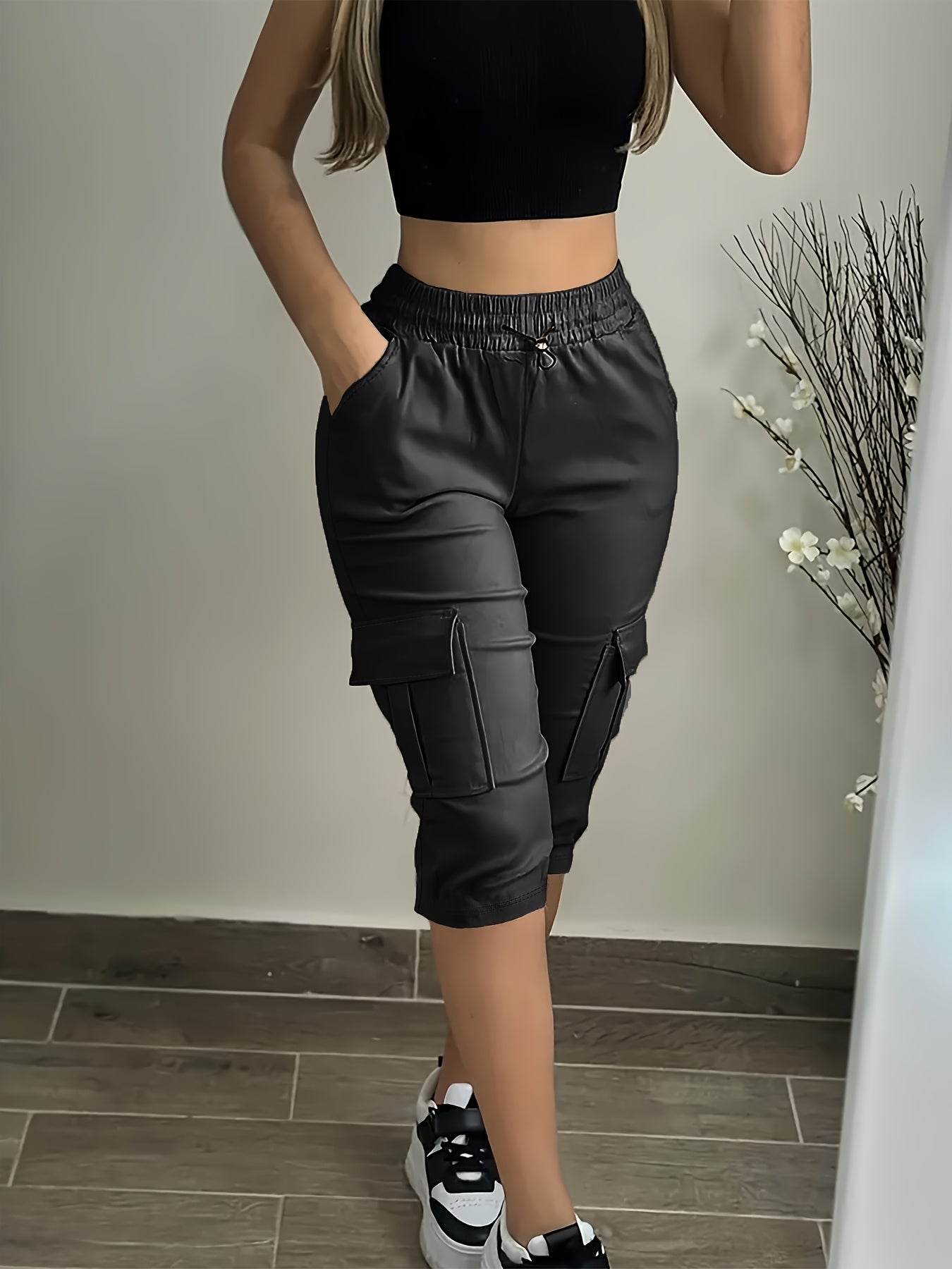 Women's Plus Size Cargo Capri Pants with Elastic Waistband & Side Pockets - Lightweight Polyester, Casual Spring/Summer Outdoor Wear, Beige, Capri Leggings