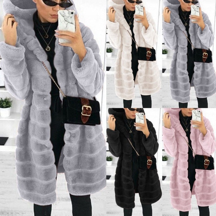 European and American medium to long solid color loose plush hooded coat imitating fur for autumn and winter warm jacket