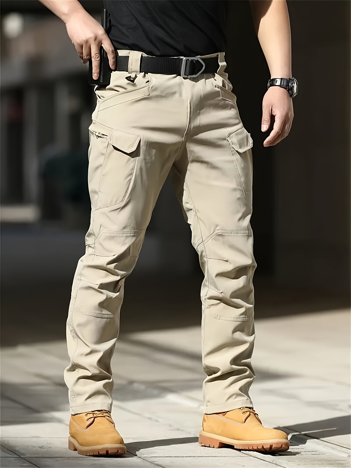 Men's Multi-Pocket Work Pants - Men's Outdoor Casual Tactical Trousers - 90.7% Polyester, 9.3% Spandex - Durable Fabric with Elastic Waist - Regular Fit, Machine Washable - Spring/Autumn Casual Attire Hiking Longs