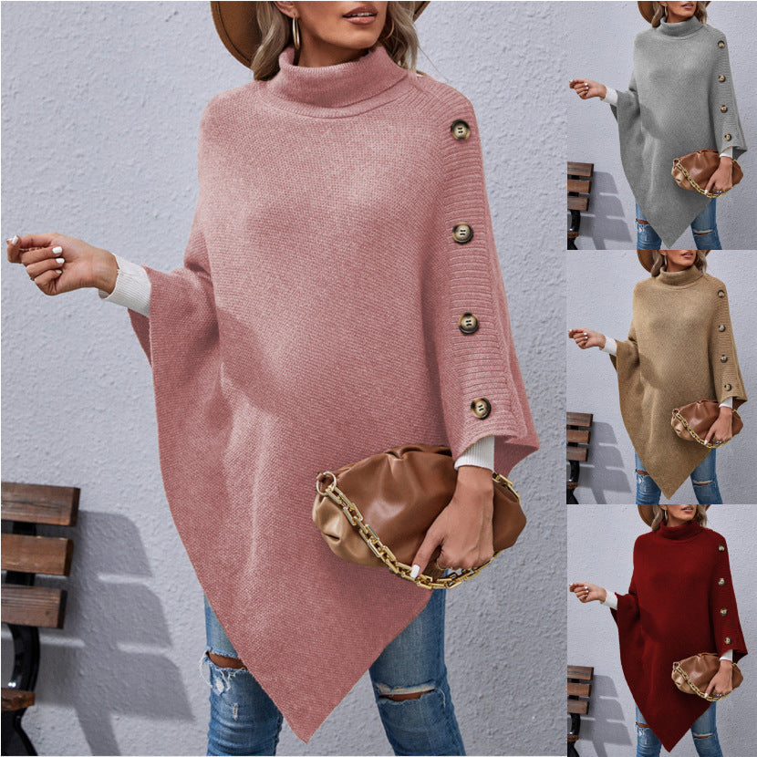 Autumn And Winter New Button High Collar Irregular Sweater Cape Women