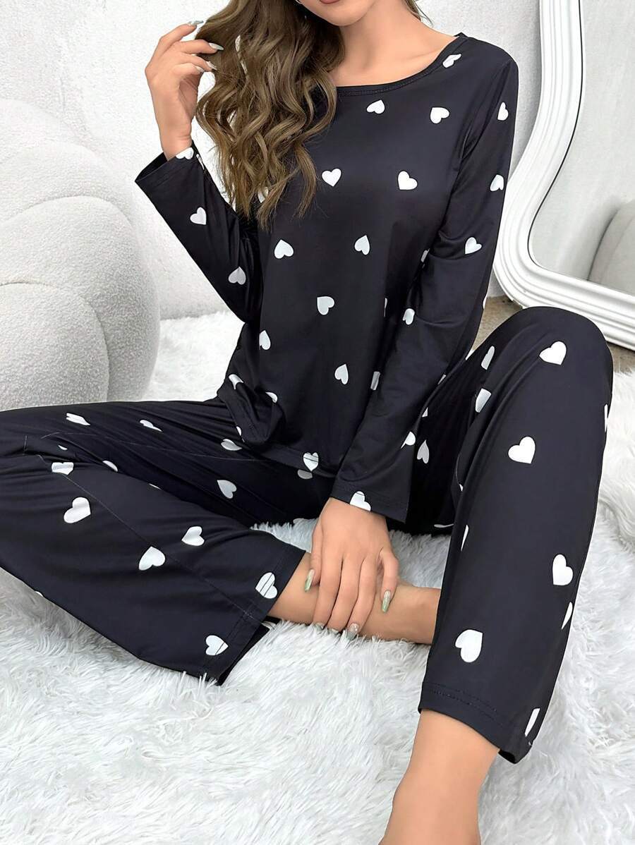 Heart Printing Round Neck Long Sleeve Trousers Autumn And Winter Comfortable Suit