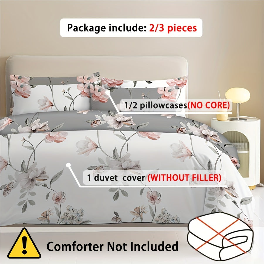 2/3pcs Flower Duvet Cover Kit (duvet Cover*1, Pillowcase*1/2, Pillow Insert And Duvet Insert Not Included) Available In All Seasons, Washable AB Face Design, Comfortable And Skin Friendly, Suitable For Bedroom, Dorm, Fresh An