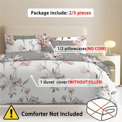 2/3pcs Flower Duvet Cover Kit (duvet Cover*1, Pillowcase*1/2, Pillow Insert And Duvet Insert Not Included) Available In All Seasons, Washable AB Face Design, Comfortable And Skin Friendly, Suitable For Bedroom, Dorm, Fresh An