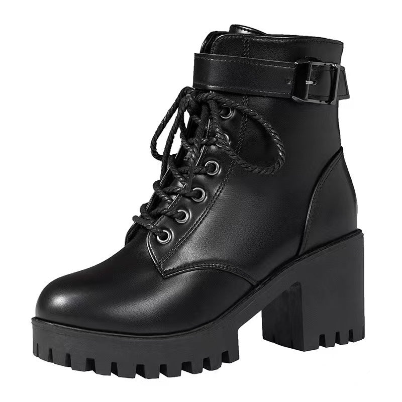 Lace up round toe buckle with thick sole short tube women's fashionable Martin boots