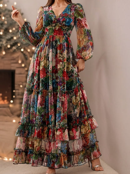 Women's Elegant Maxi Floral Print Chiffon Dress, V-Neck & Puff Sleeves, A-Line Long Formal/semi-formal gown, Pastel Pink, Blue, Green, Red, Purple, Orange, Yellow, White, Machine Washable, Spring/Summer/Fall Events, Parties,
