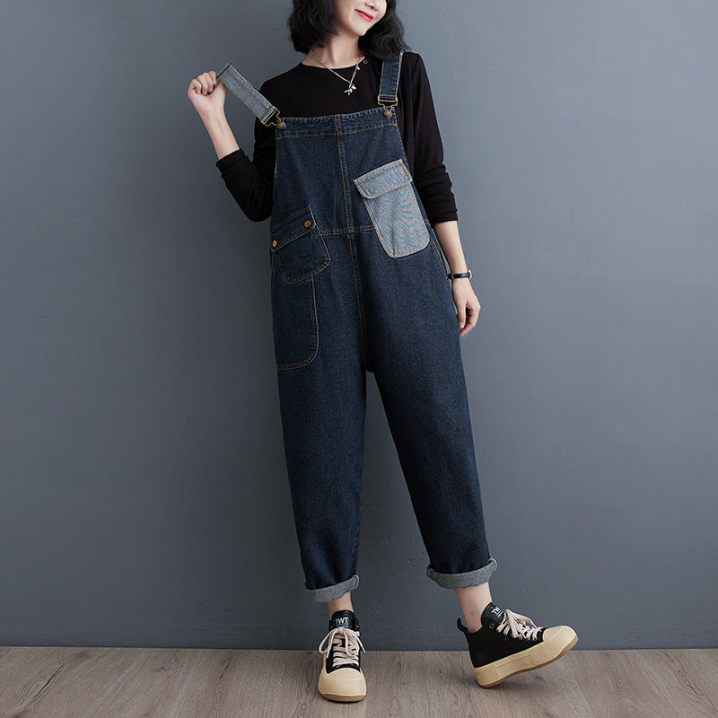 Cowboy overalls cropped pants women's age reducing loose wide leg jumpsuit