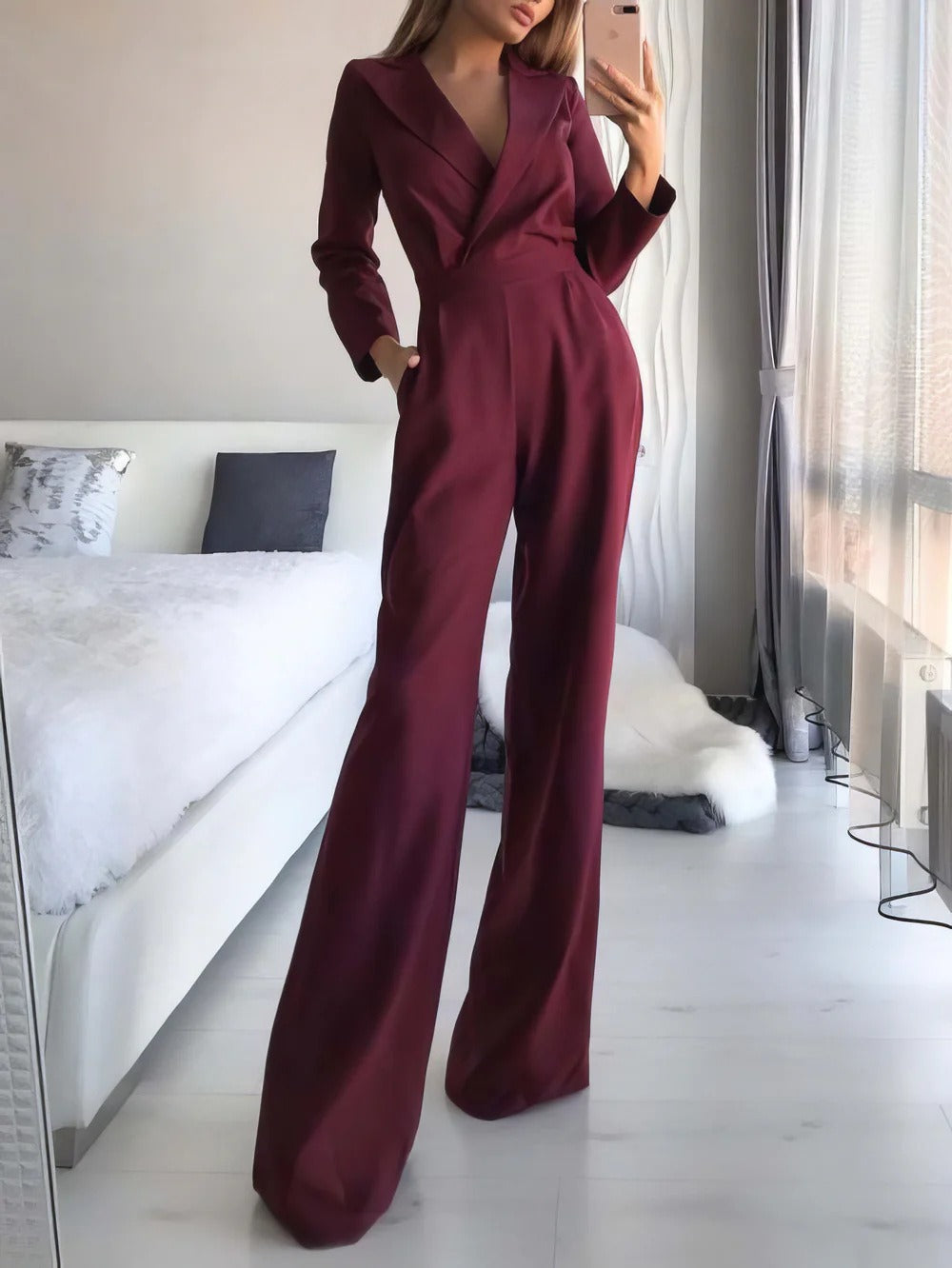 Jumpsuit with diagonal collar and mid waist