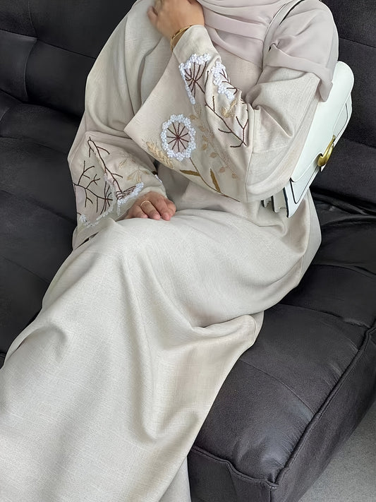 [Elegant Abaya] Elegant Floral Embroidery Abaya | Long-Sleeve, Non-Stretch Fabric, Perfect for Spring/Summer/Fall - Beige, Detailed Embroidery, Abaya Dress