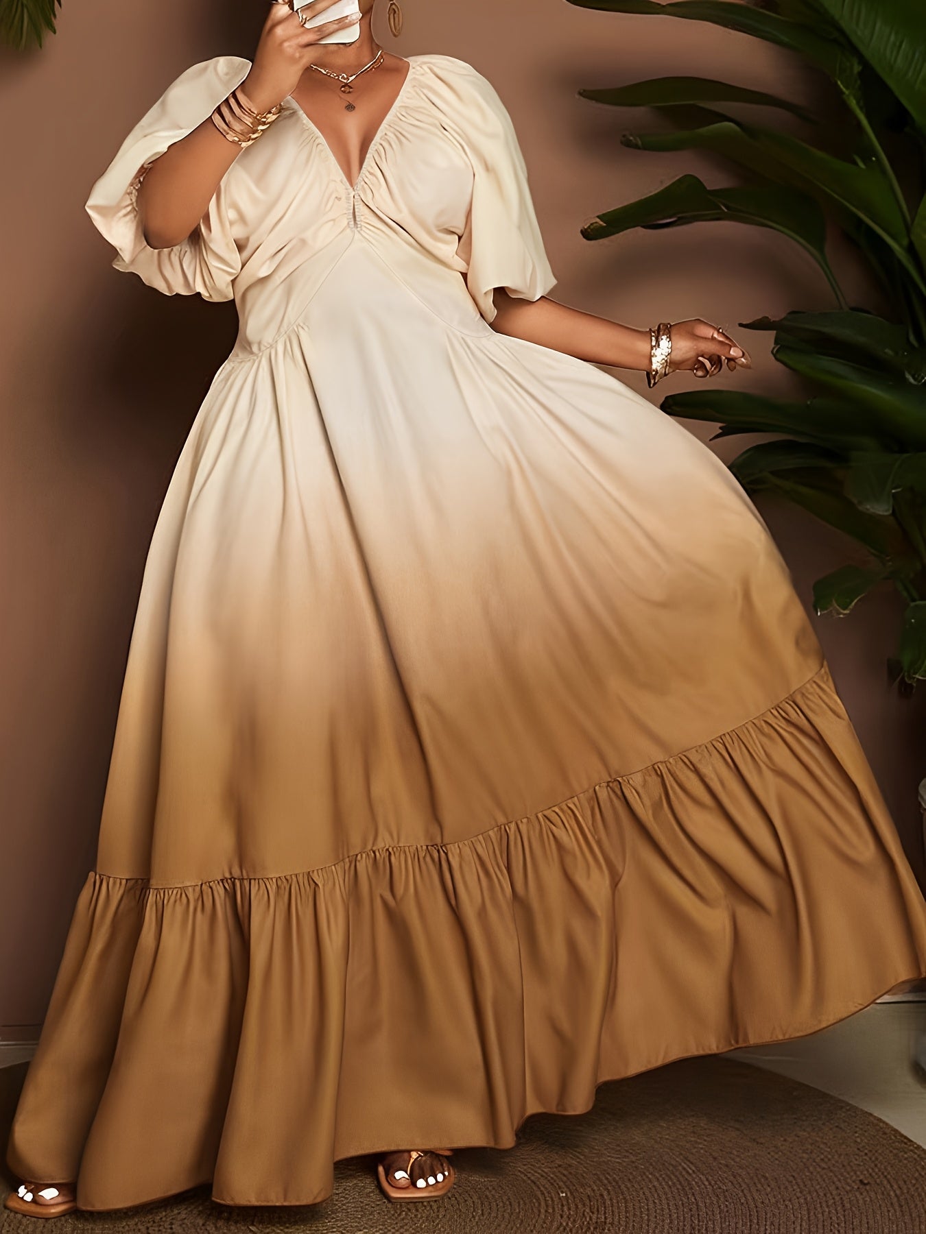 [Elegant Maxi Dress] Elegant Gradient Maxi Dress | Women's Deep V-Neck Lantern Sleeve A-Line Loose Fit with Zipper Back, Machine Washable for Vacation, Beach, Formal & Casual Occasions