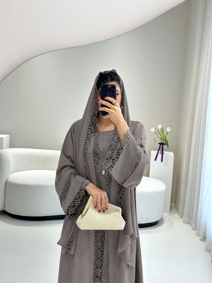 2pcs Set of Muslim Abaya with Lace Sleeveless Vest Skirt, Headscarf, and Headscarf, Ramadan Fashion