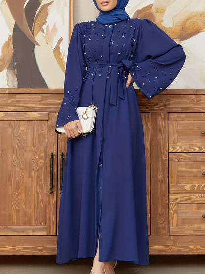 Elegant Navy Blue Abaya with Pearl Embellishments and Belt - Long Sleeve, Floor-Length Dress for Women, Perfect for Formal Occasions, Formal Attire|Elegant Abaya|Pearl Embellishments
