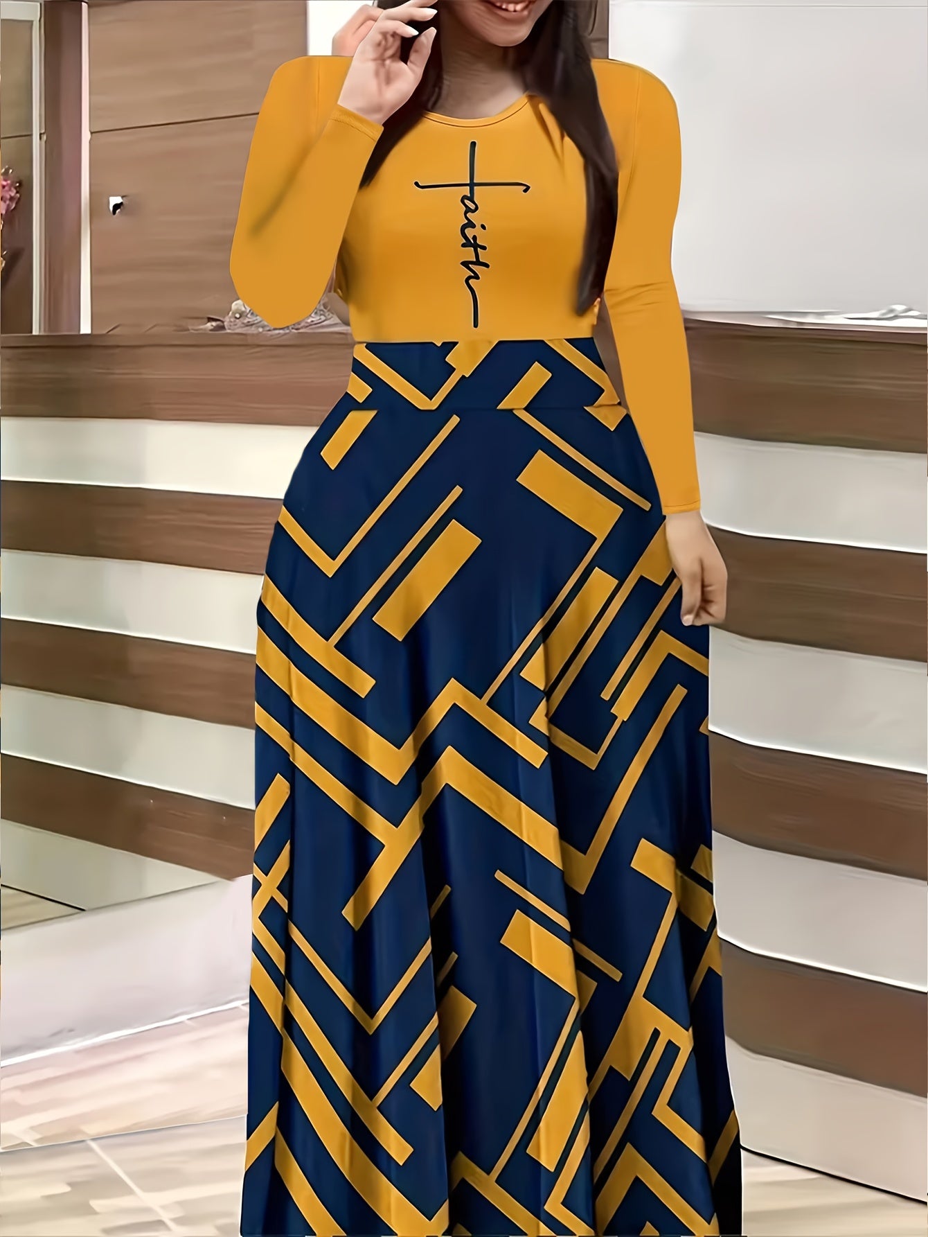 & Geo Print Dress, Casual Long Sleeve Ruffle Hem Slim Maxi Dress, Women's Clothing