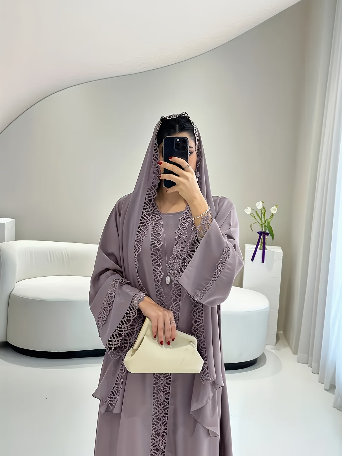 3pcs Elegant Muslim Women'S Abaya Set with Sleeveless Vest Skirt, Headscarf, and Belt - Black Lace Trim, Long Sleeve, Solid Color, All-Season Wear, Modest Fashion for Ramadan, Elegant Attire|Traditional Attire|Lace Trim Detai