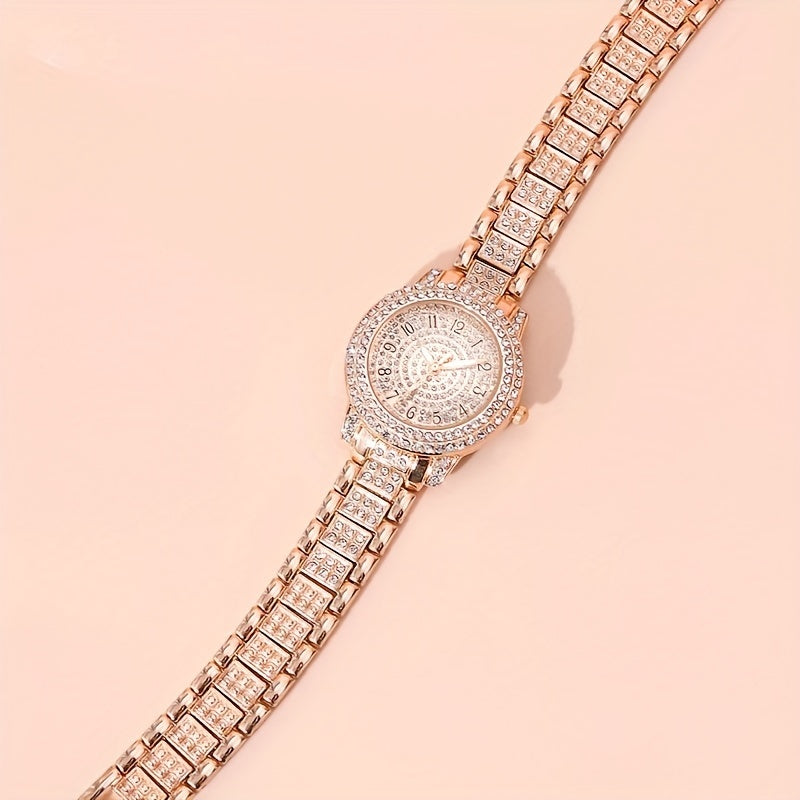 2pcs Luxurious Womens Rhinestone Bracelet Watches - Dazzling Golden Quartz Timepieces with Fashion-forward Design - Perfect Stylish Bling Dress Watches for Special Occasions & Xmas Gifts