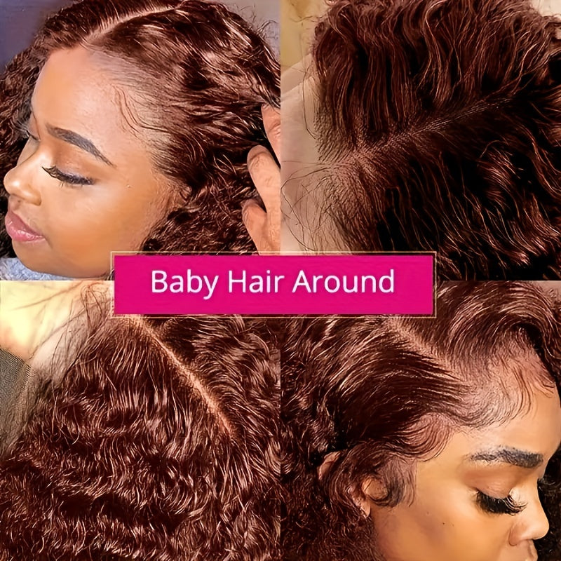 Reddish Brown Human Hair Water Weave Lace Front Wigs 13x4 HD Transparent Lace Frontal Wig #33 Colored Cooper Brown Curly Human Hair Wigs for Women Preplucked Hairline Remy Hair