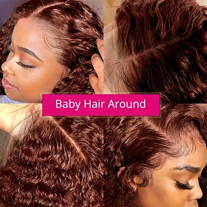 Reddish Brown Human Hair Water Weave Lace Front Wigs 13x4 HD Transparent Lace Frontal Wig #33 Colored Cooper Brown Curly Human Hair Wigs for Women Preplucked Hairline Remy Hair