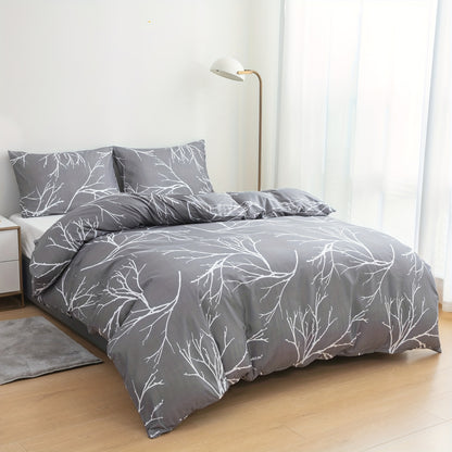 100% Polyester Printed Duvet Cover Set + Pillowcase 3pcs Set Lien White Branch Leaf Floral Print, 2*Pillowcases, 1*Duvet Cover, Unfilled, Grey Bedding, Ultra Soft Breathable Comfortable Polyester Material, Suitable for All Se