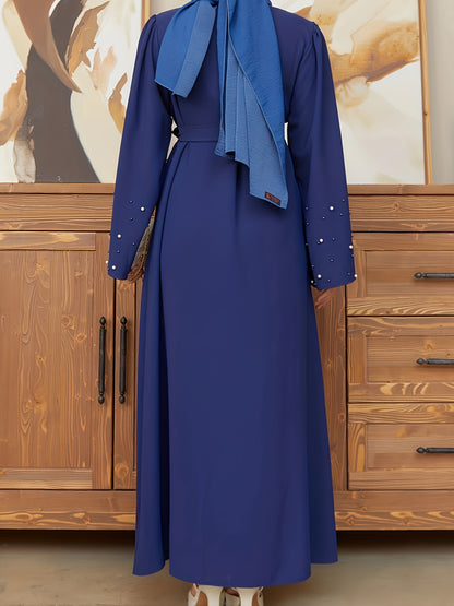Elegant Navy Blue Abaya with Pearl Embellishments and Belt - Long Sleeve, Floor-Length Dress for Women, Perfect for Formal Occasions, Formal Attire|Elegant Abaya|Pearl Embellishments