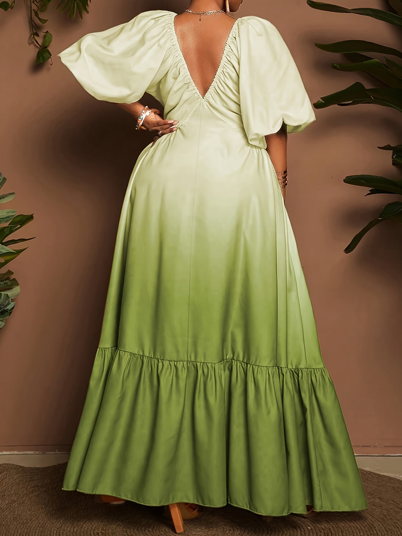 [Elegant Maxi Dress] Elegant Gradient Maxi Dress | Women's Deep V-Neck Lantern Sleeve A-Line Loose Fit with Zipper Back, Machine Washable for Vacation, Beach, Formal & Casual Occasions