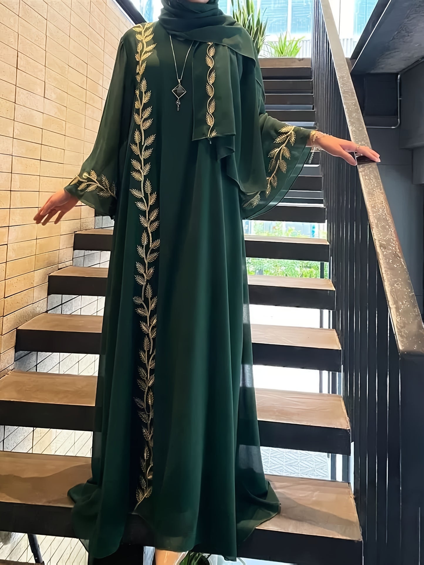 2pcs set of Middle Eastern clothing, fashionable street style, pink round collar embroidered long robe + headscarf