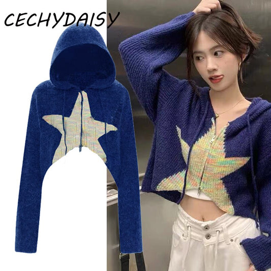 Autumn New Vintage Old Worn Hooded Knitted Cardigan Five Point Star Hooded Short Sweater Coat Women