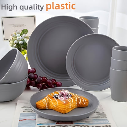 8/16pcs Grey Unbreakable High quality plastic Dinnerware Sets - Reusable, Lightweight, Microwave & Dishwasher Safe - 8pcs Plates, 4pcs Cups, 4pcs Bowls - for Camping, Picnics, RV, Dorm - Perfect Gift for Students & Outdoor En
