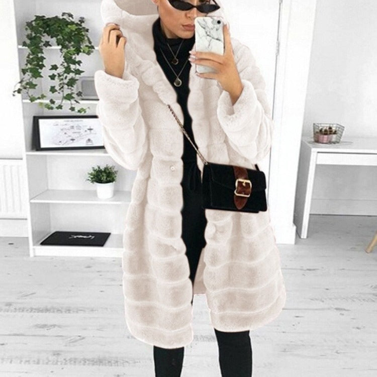 European and American medium to long solid color loose plush hooded coat imitating fur for autumn and winter warm jacket