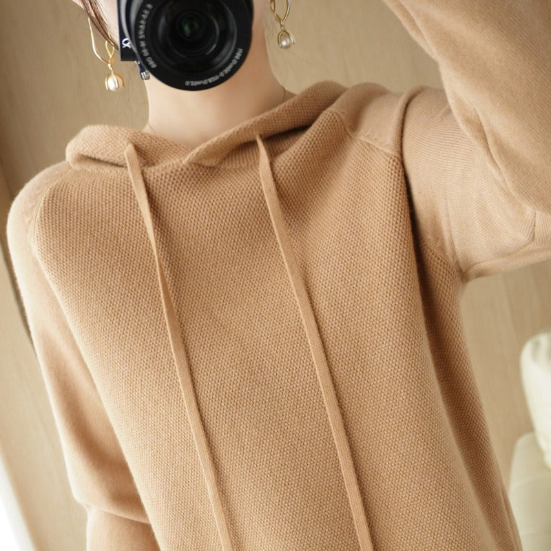 Autumn and Winter Women's Hooded Wool Knitwear Korean Version Loose Fashion Sweater Thickened Sweater Bottom Coat Top