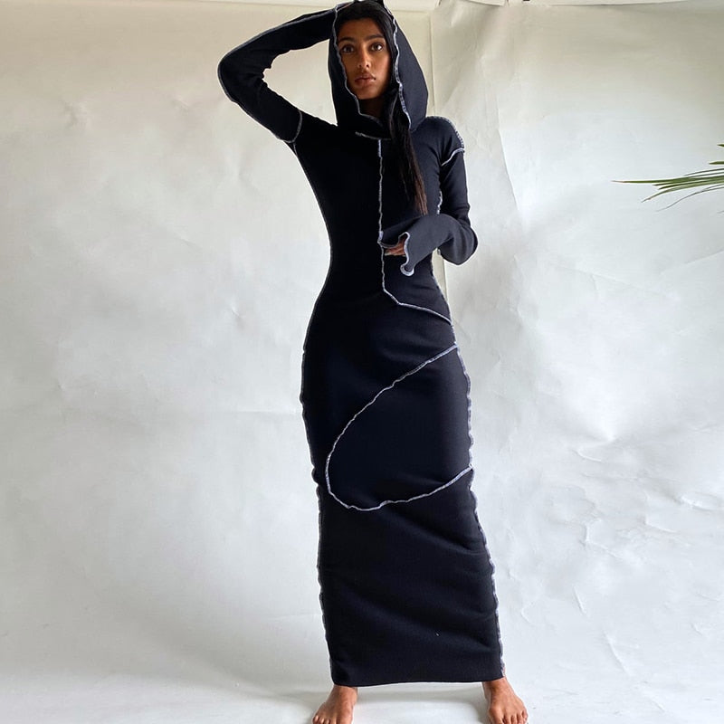 Hugcitar Long Sleeve Hooded Patchwork Skinny Maxi Dress Autumn Winter Women Fashion Streetwear Casual Outfits