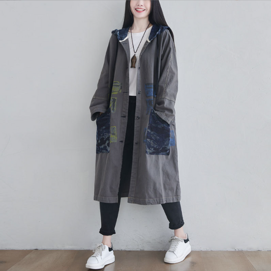 Oversized vintage washed hooded windbreaker with personalized bat sleeve single breasted jacket cardigan