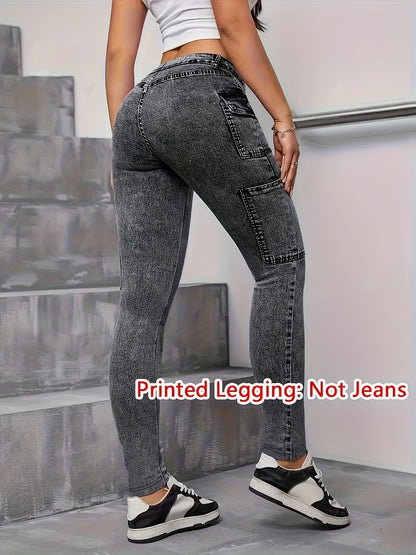 【imitation denim】[imitation Faux Denim][Faux Denim Print/Imitation Faux Denim] Women'S Non-Cow Faux Denim-Like Leggings - Stretchy Skinny Pants with Elastic Waistband, All-Season Tight Fit for Casual, Formal, Everyday Out