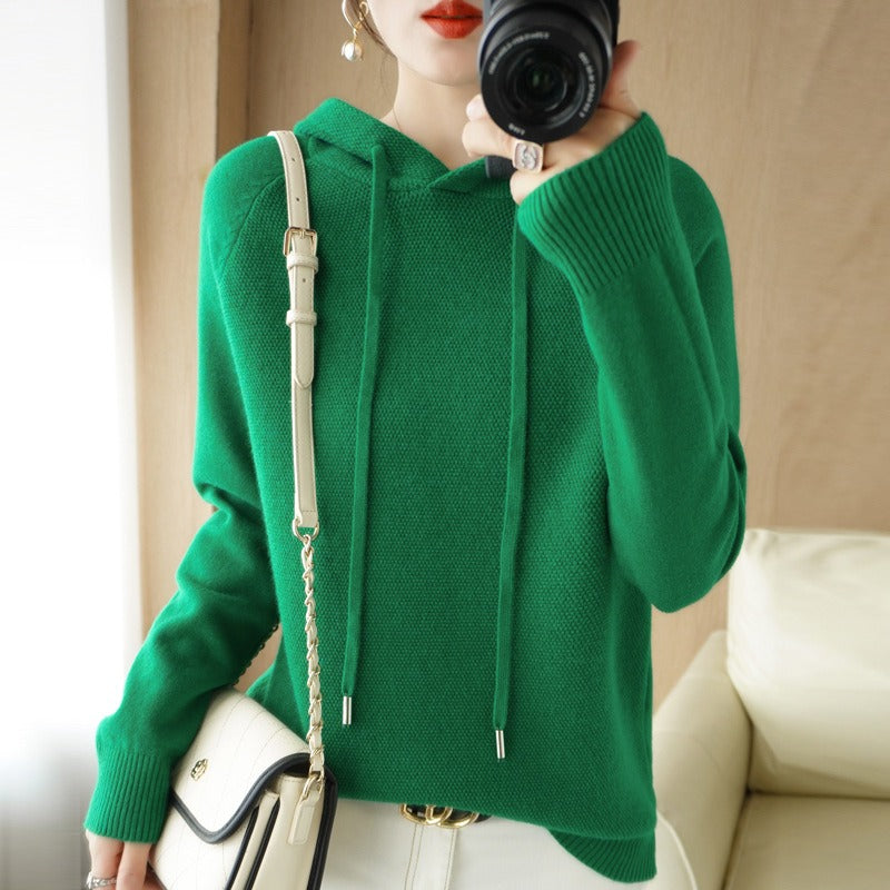 Autumn and Winter Women's Hooded Wool Knitwear Korean Version Loose Fashion Sweater Thickened Sweater Bottom Coat Top